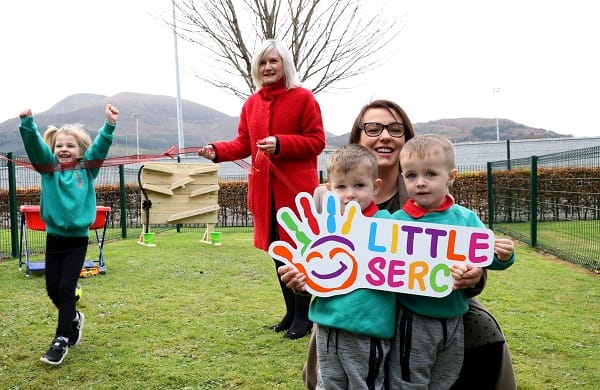 Caroline Parker, Access student, with children Zoe, Ryan and Sean Parker at  Little SERC \Newcastle and Heather McKee, SERC 